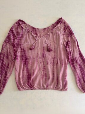 Hippie Laundry Boho Pink Embroidered Tie Dye Flowy Balloon Sleeve Blouse